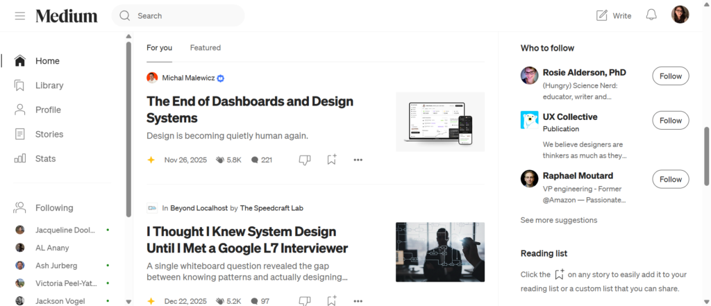 Screenshot of feed on Medium with blog posts.
