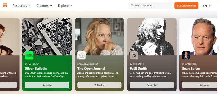 Screenshot of blogs and creators on Substack.
