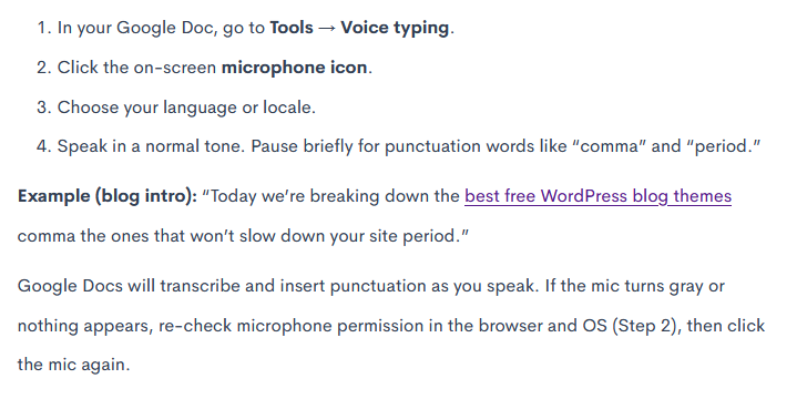 Turning on and using Google Docs voice typing.