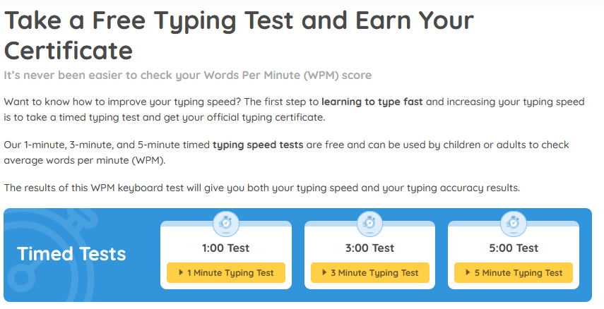 Take free timed typing tests to train your keyboard skills.