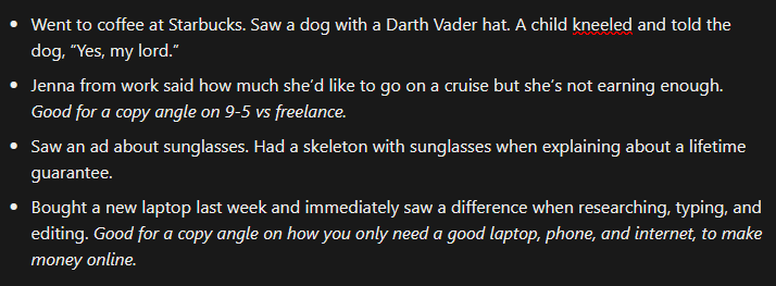 Example of a journal with content ideas in Notion