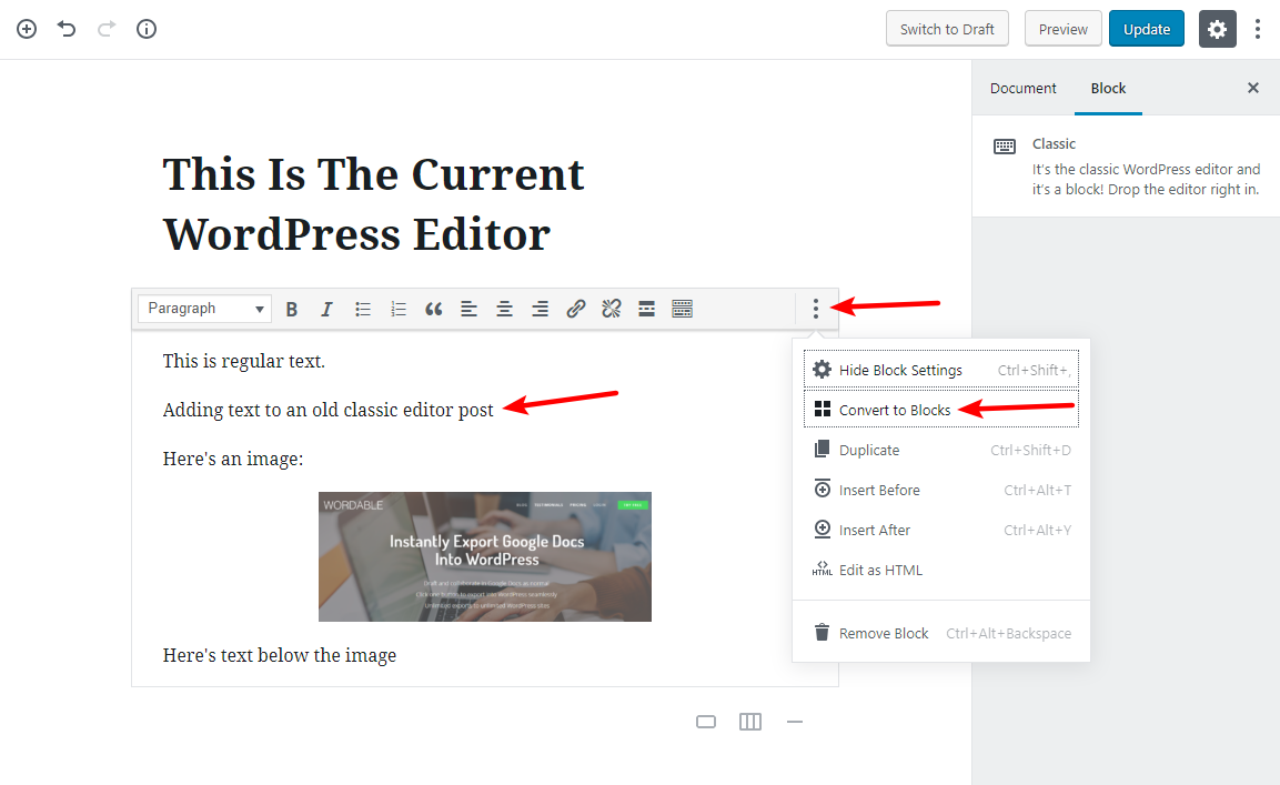 gutenberg editor guide 4 backwards convert