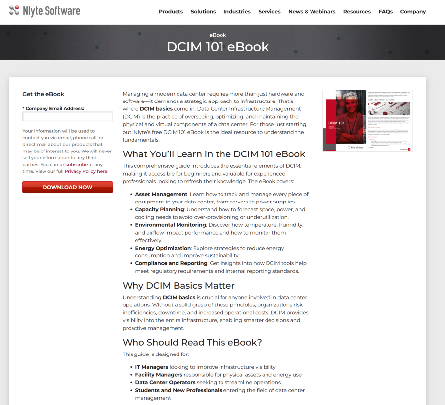 Example of Nlyte’s DCIM 101 eBook landing page for inspo.
