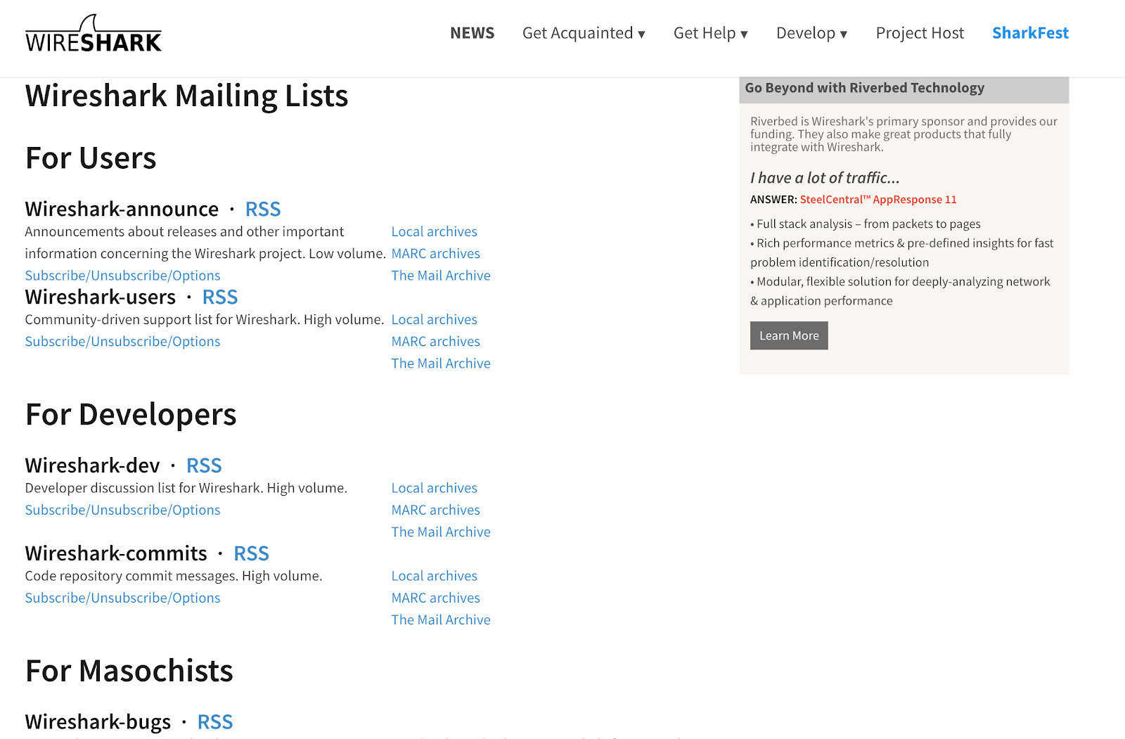Sample mailing lists from WireShark