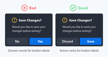 Use action words, not generic words, for button labels