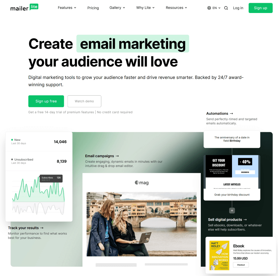Screenshot of an email newsletter tool called MailerLite.
