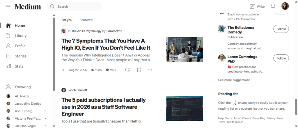 Screenshot shows stories published on Medium. 