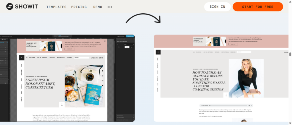 Screenshot shows website building using Showit. 