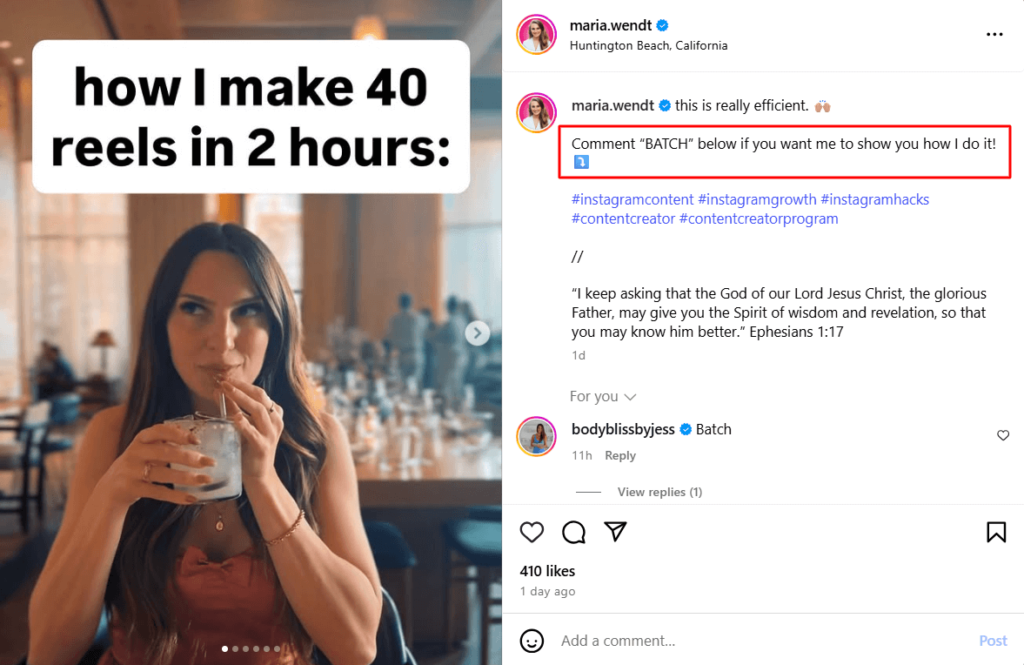 Example of using the ManyChat comment funnel to bring in more customers automatically