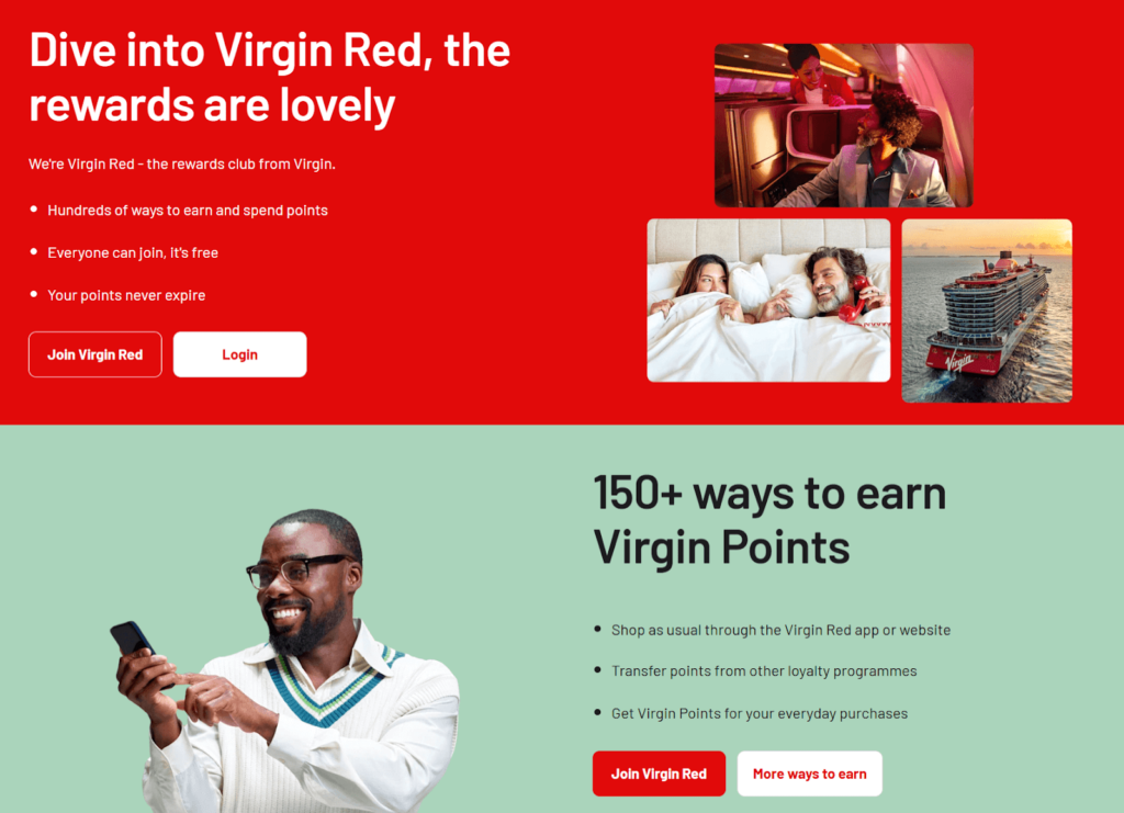 Screenshot of Virgin's loyalty program and ways to earn points