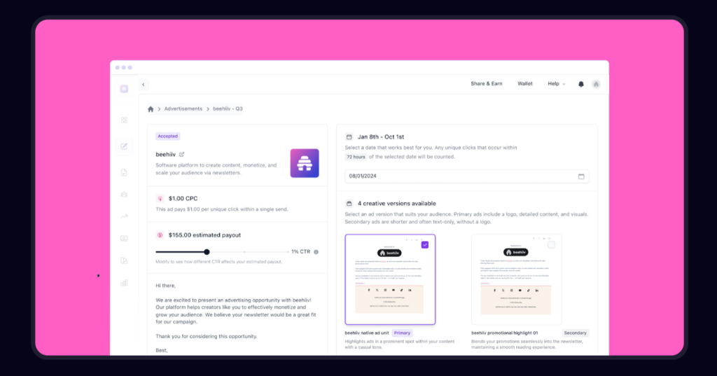 Screenshot of an email newsletter tool called beehiiv.
