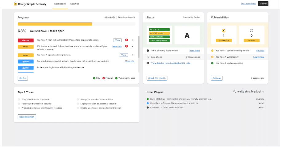 Real Simple Security dashboard and settings