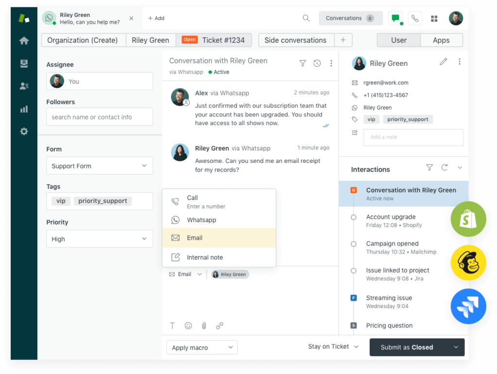 Screenshot of Zendesk customer support UI