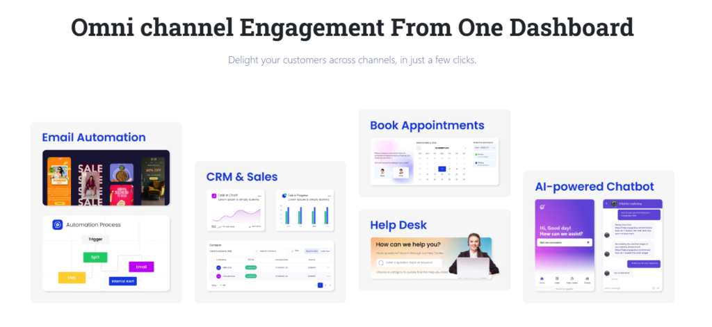 Screenshot of HubSpot alternative EngageBay homepage showing the four core Bays