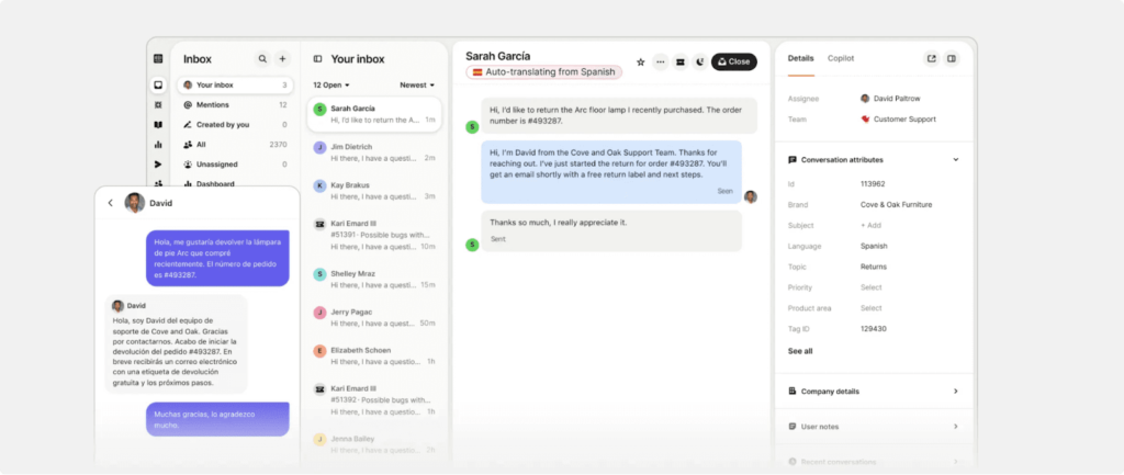 Screenshot of Intercom's Help Desk UI