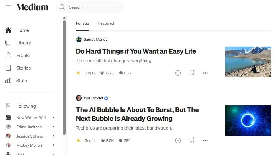 Screenshot of Medium dashboard