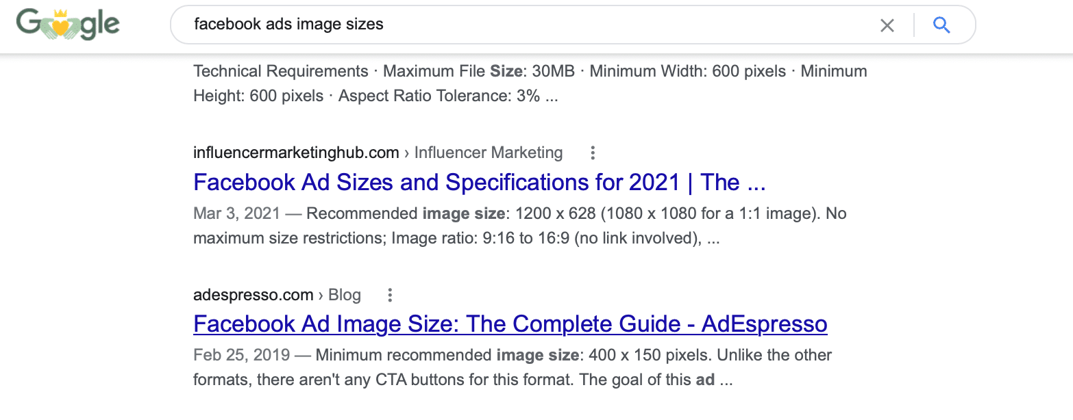 Google search for Facebook Ads images sizes to show search intent as an SEO tactic