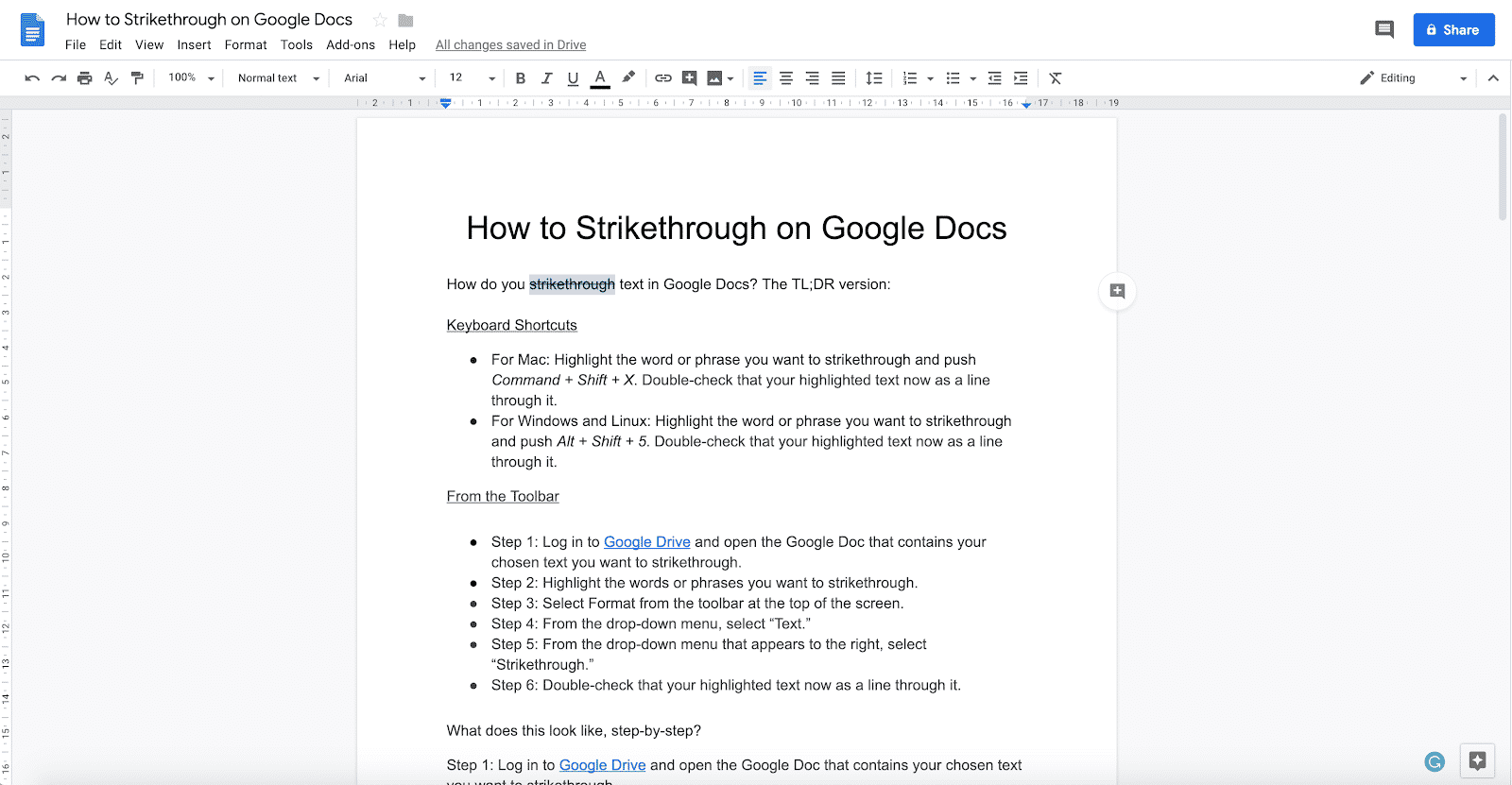 How to add strikethrough text in Google Docs