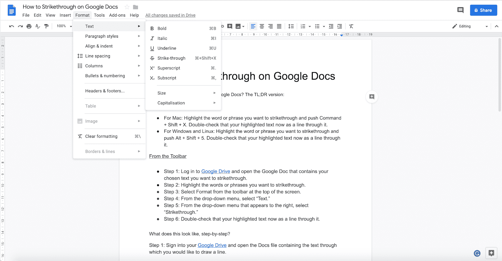 Text formatting options in Google Docs