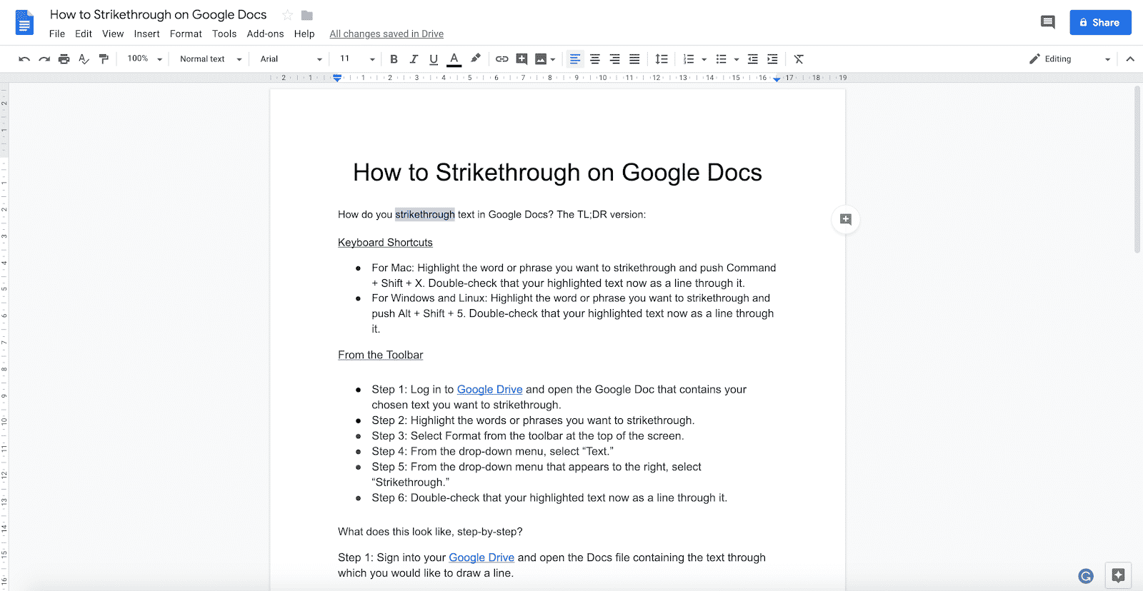 Strikethrough text in Google Docs