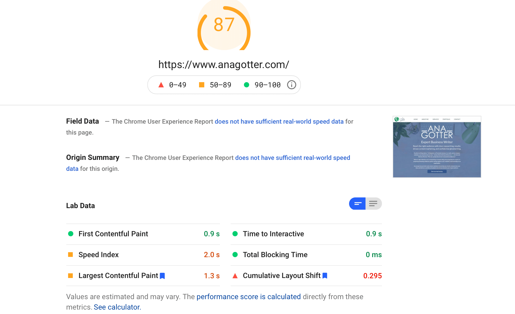 Google's PageSpeed Insights tool showing site loading metrics.