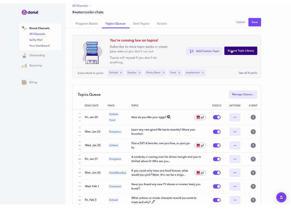 Screenshot shows what a Donut Watercooler chat looks like.