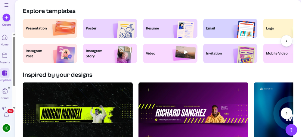 Screenshot shows what Canva, a design tool, looks like.