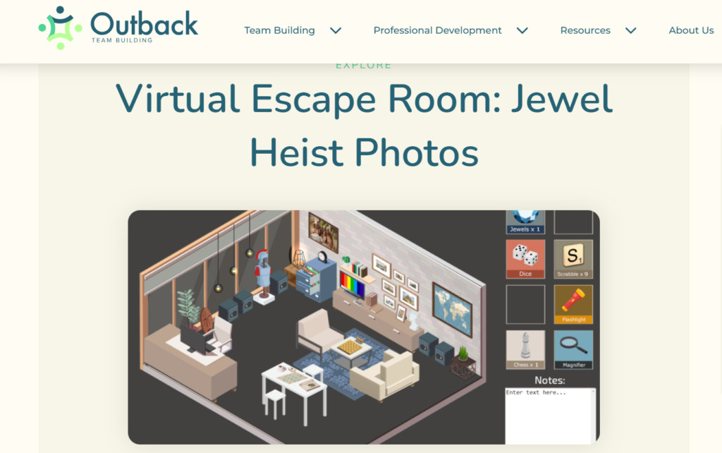 Screenshot shows what a team-building virtual escape room looks like.