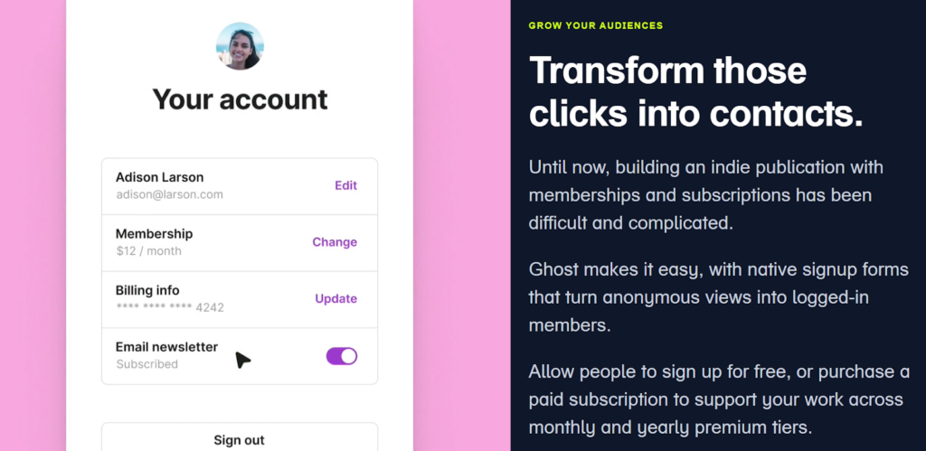 Subscription example in Ghost.