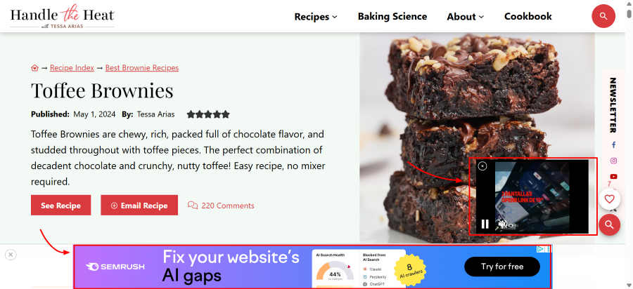 Toffee brownies recipe blog post shown with two ads.