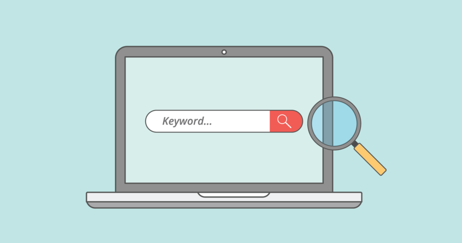 graphic showing a laptop showing a search with the word "keyword" on the screen and a magnifying glass on the right