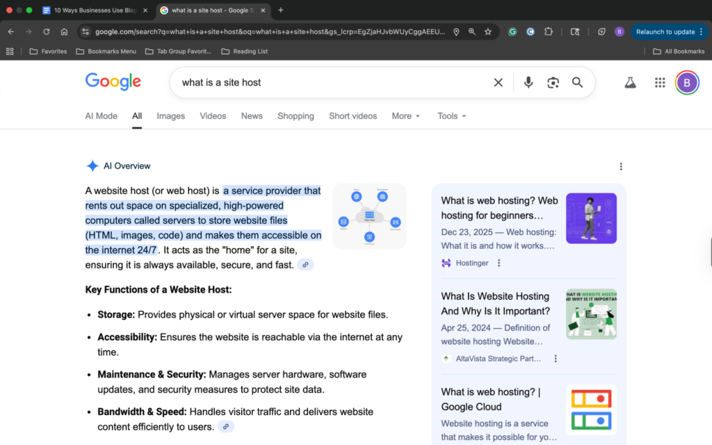 AI search results for keyword what is a site host, with Hostinger cited