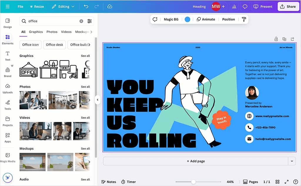 Canva editor shows poster design workspace with template tools.

