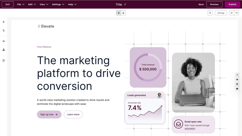 HubSpot editor shows marketing landing page builder with conversion metrics.
