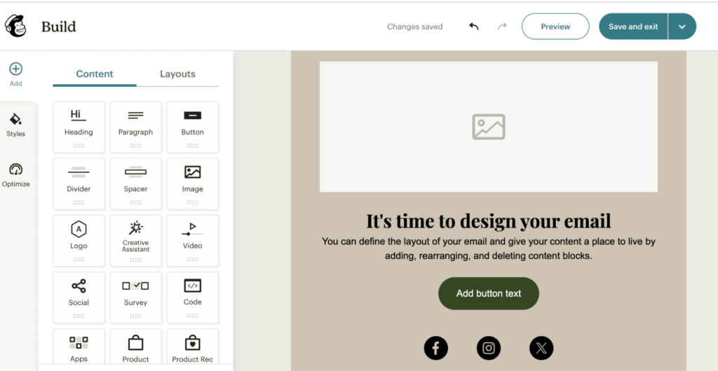 Mailchimp editor shows drag-and-drop email builder with content blocks.
