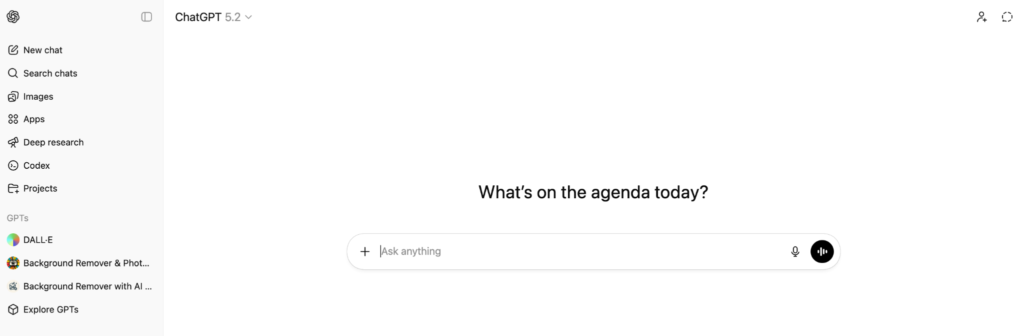 ChatGPT interface shows sidebar navigation, GPT tools, and main prompt field.
