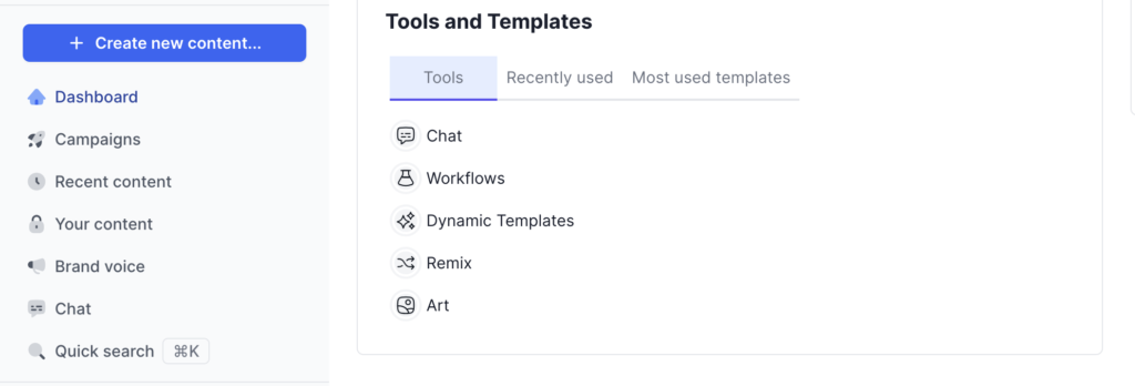 Jasper dashboard shows tools and templates including Chat, Workflows, and Dynamic Templates.
