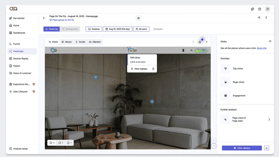 Hotjar heatmap dashboard shows click data, rage clicks overlays, and replay access.
