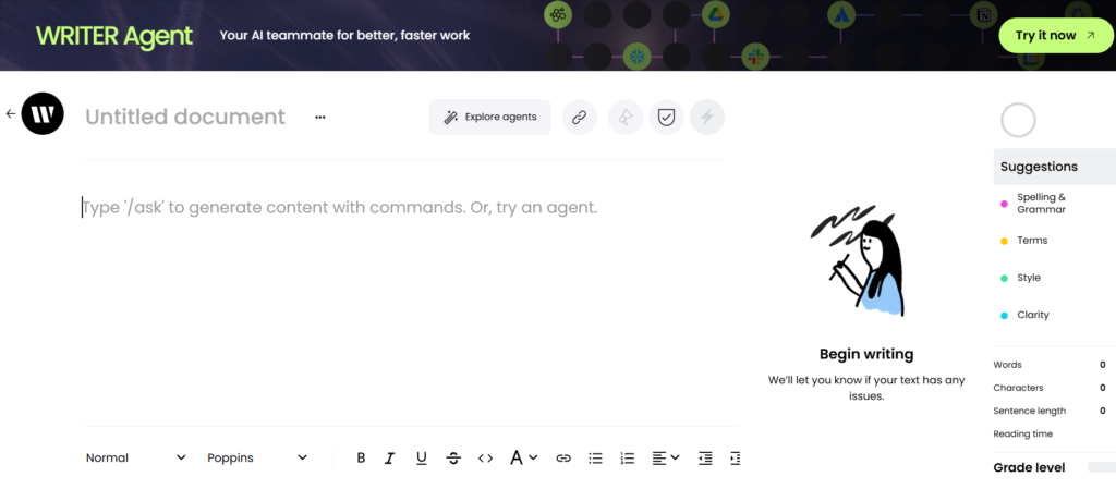 Writer editor for writing suggestions and overall performance score panel.
