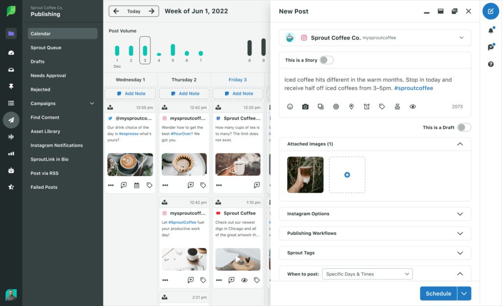 Sprout Social interface shows publishing calendar.
