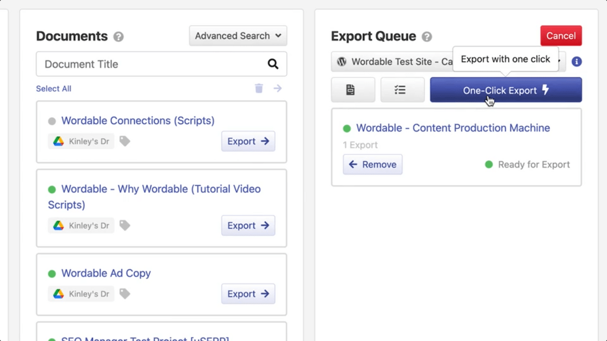 Wordable interface showing one-click export button.