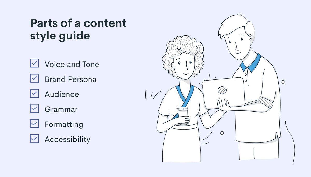 A checklist of style guide components such as voice and tone.
