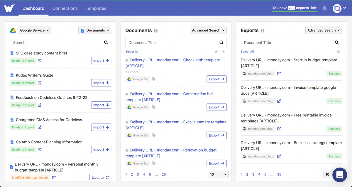 Wordable dashboard showing Google Drive connection.