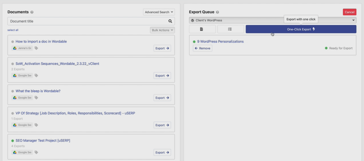 Wordable screenshot with One-Click-Export button.