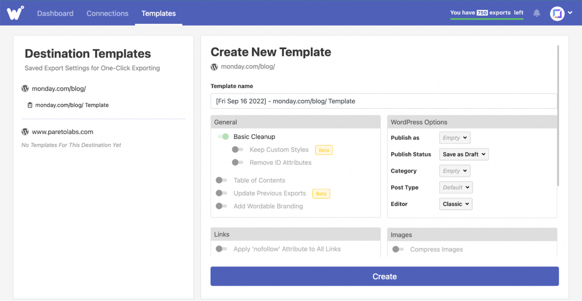 Wordable template saves settings for each project