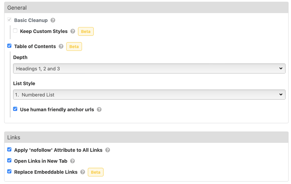 Export settings in Wordable