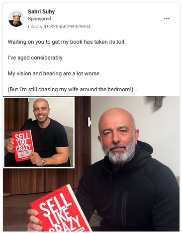 The initial part of a retargeting ad for Sabri Suby’s Sell Like Crazy book funnel