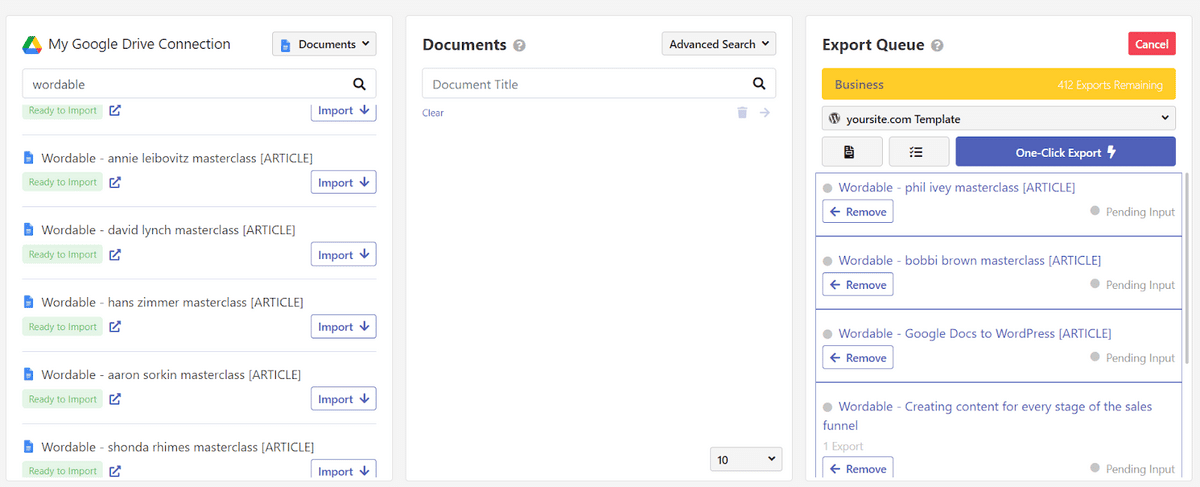 Bulk export inside the Wordable dashboard