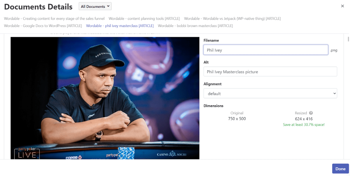 Editing image name and attributes in Wordable