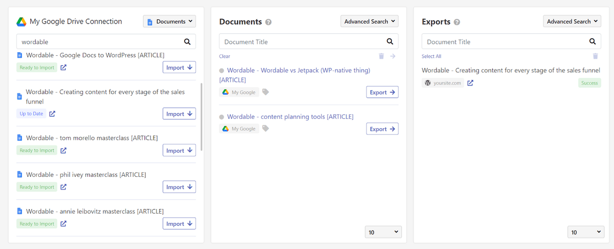Wordable Google Docs import and export dashboard